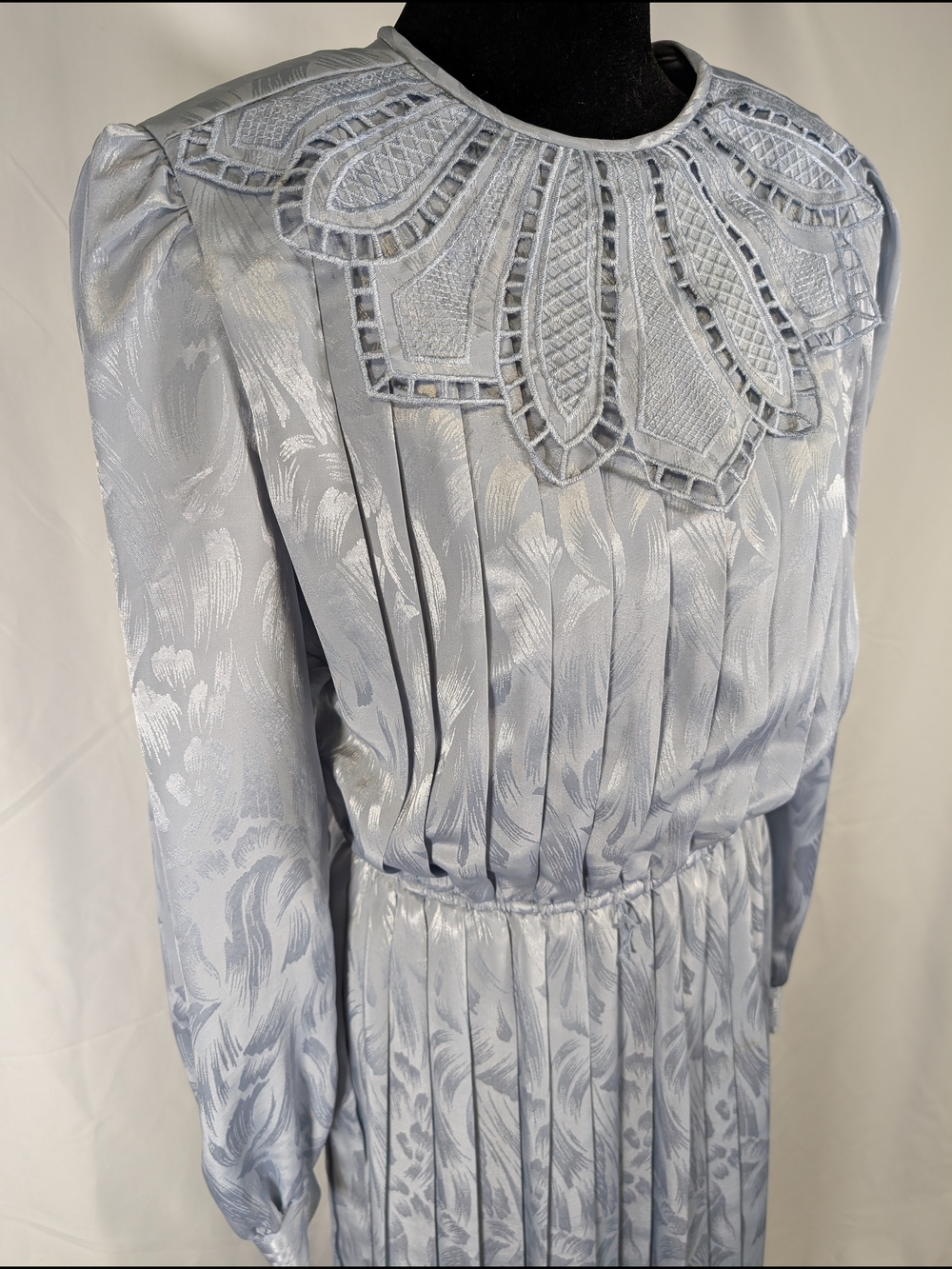 Vintage Light Blue Pleated Women's Dress with Decorative Yoke